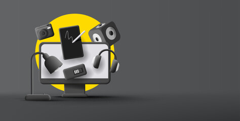Smart gadgets electronics 3d render composition of desktop with tablet music box and photo camera around it, black mono chrome banner template