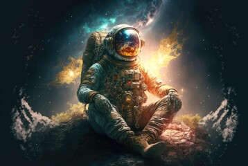 Fototapeta na wymiar An astronaut travels through deep cosmos in the midst of stunning multi-colored nebulae, sitting on a space island. A mystical esoteric mood 