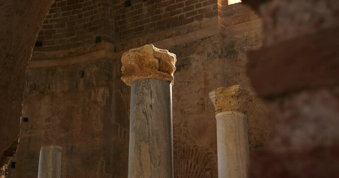 Turkey, Orthodox Church of St. Nicholas the Wonderworker in the Lower Worlds. Large stone columns in the central room of the ancient Orthodox Church of St. Nicholas the Wonderworker