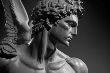 Head of greek god sculpture, statue of a man with wings on dark background. AI generated image.