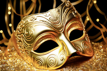Golden carnival eye mask, on a golden background. Generative AI