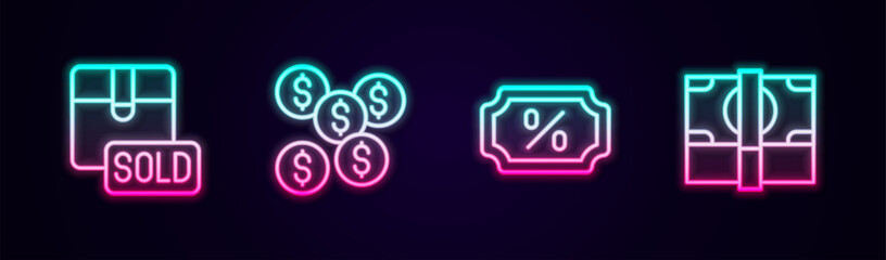 Set line Sold, Dollar symbol, Discount percent tag and Stacks paper money cash. Glowing neon icon. Vector