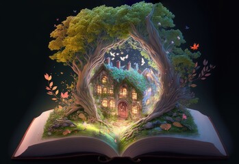 A fabulous house in the woods on the pages of a fairy tale book created by the imagination 