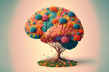 Human brain tree with flowers self care and mental health concept. AI generated. - obrazy, fototapety, plakaty