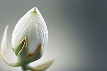 Extreme close-up of a beautiful white flower bud on a neutral background - copy space, isolated, illustration, Generative Ai