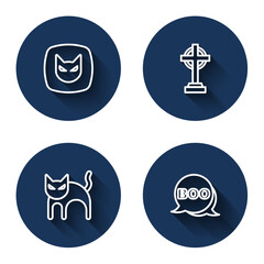 Set line Black cat, Tombstone with cross, and Boo speech bubble with long shadow. Blue circle button. Vector