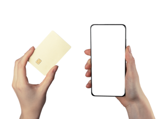 Bank card mockup and phone screen mock-up for mobile finance app promotion. Smartphone display template, frame and electronic money in hand for online payment service