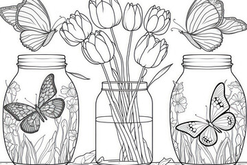 Stress relieving coloring activity for kids and adults. Butterflies are positioned around tulips in water bottles. Generative AI