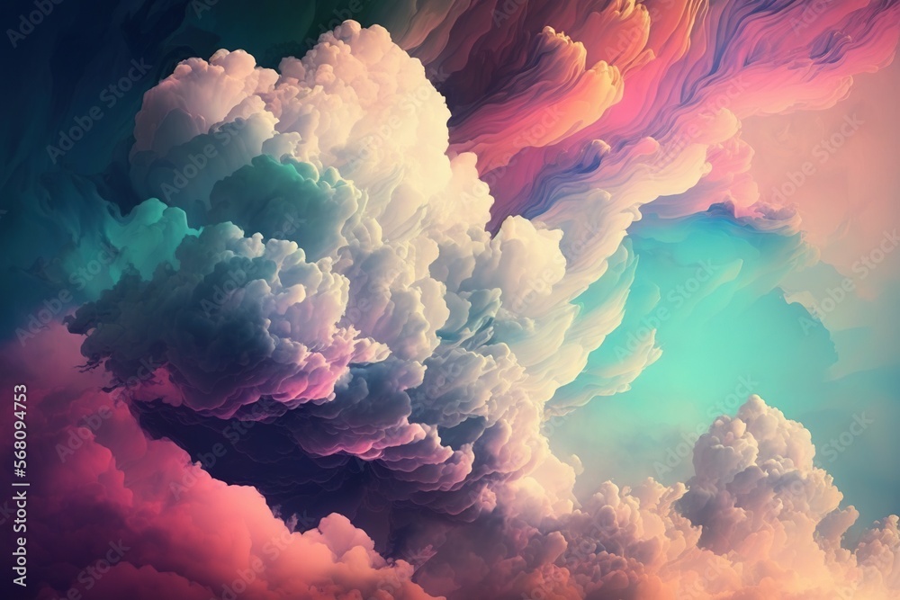 Canvas Prints  a colorful cloud filled with lots of clouds in the sky with a blue sky in the back ground and a pink sky in the background.  generative ai