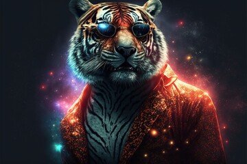 Created with Generative AI technology. Creative happy tiger animal in disco clothes dancing on the party.