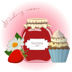 Jam glass jar with strawberry, cupcake, daisy flower. Vector illustration