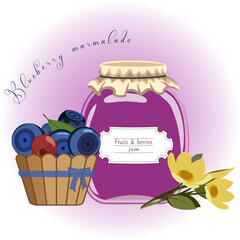 Jam glass jar with blueberries and yellow flowers. Vector illustration