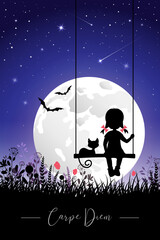 A little girl sits on a swing with a cat and looks at the moon.