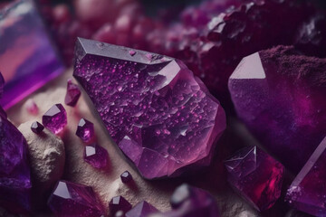 Ruby purple rough amethyst quartz crystals from the macro mineral crystal stone. Generative AI