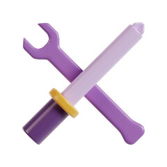 3D illustration of wrench and screwdriver crossed, repair tools and technical support concept isolated