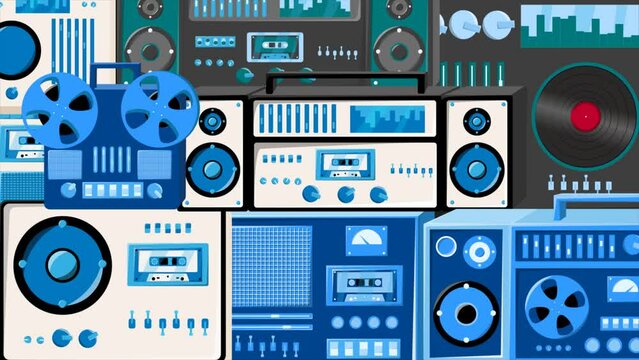 Background from retro old vintage hipster music tech audio equipment tape recorders from 80s, 90s. Video 4k, motion design