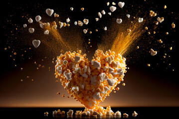 Heart made of popcorn flying in the air. 3d rendering. Generative AI - obrazy, fototapety, plakaty