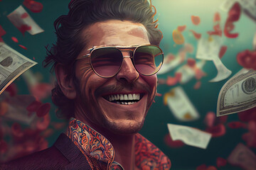 Happy man smiling with dollar flew in the air illustration. Generative AI. - obrazy, fototapety, plakaty