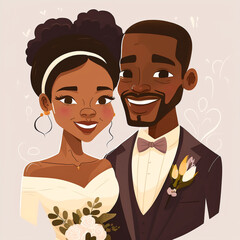African American just married couple, bride and groom, cartoon illustration, Black bride and groom in fashionable clothing getting married. Wedding Ceremony, Contemporary Black Groom and Bride