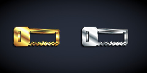 Gold and silver Hand saw icon isolated on black background. Long shadow style. Vector