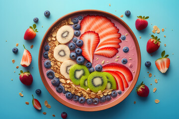 Strawberry, banana, blueberries, kiwi fruit, and granola in a summer acai smoothie bowl on a light pink background. Breakfast bowl with cereal and fruit, up close and in the center, nutritious food