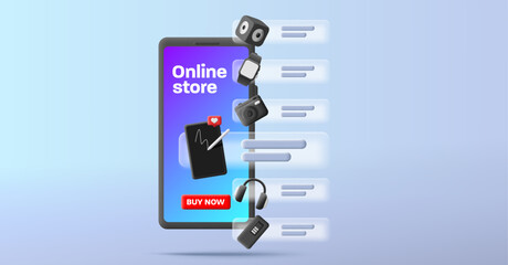 3d composition of smartphone online shopping catalog of electronics and gadgets with buttons and interface cards