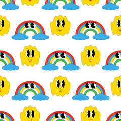 Groovy Hippie Sticker Retro Emoji Retro Pop Art Vector Vintage Illustration Seamless Pattern.