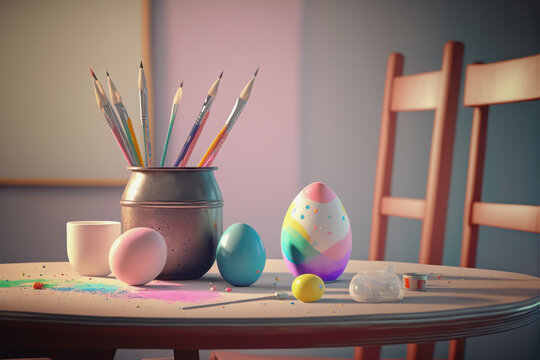 Painted Easter eggs, color pencils and paint on the pable - Generative AI