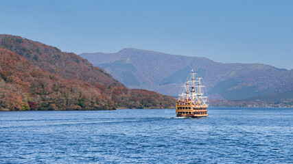 A pirate ship on beautiful Lake Ashi during autumn season	