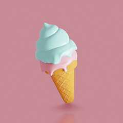 Sweet food icon. Colorful Ice cream cone. 3d render