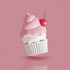 Sweet food icon. Cupcake with cherry. 3d render