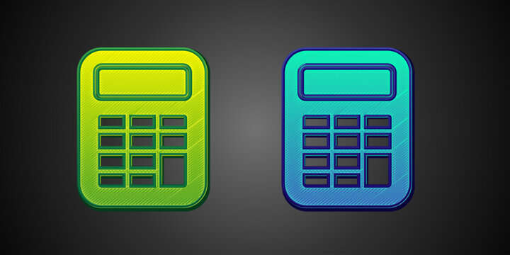 Green and blue Calculator icon isolated on black background. Accounting symbol. Business calculations mathematics education and finance. Vector