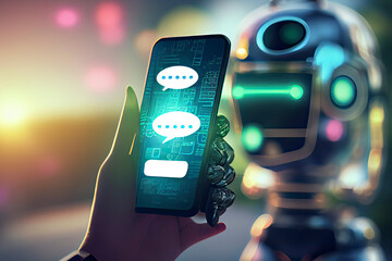 Obraz premium Artificial intelligence ai chat bot idea hands holding a phone against a blurred abstract background chatbot providing website support