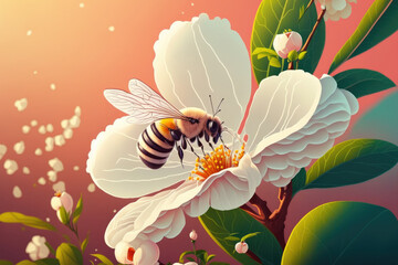 In the spring, a bee pollinates an apple tree flower up close. On a warm day, a honey bee pollinates flowers with white petals in a close up shot. Generative AI