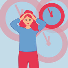 Clock with wings flying into sky and businesswoman. Lost and lack of time of tiny woman flat vector illustration.