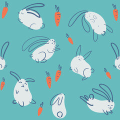 Seamless bunnies pattern. Simple hand drawn pattern of rabbits and carrots as spots and lines