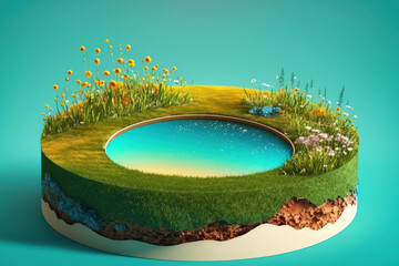 Paradise circular soil mockup cross section, fantasy circle podium grass field, isolated on blue sunny afternoon. Generative AI