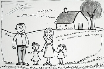 Drawing made by a child, happy family in the countryside