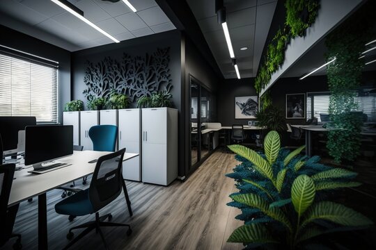 open space workspace flexible office decorated with biophilic modern loft industrial design. Generative AI