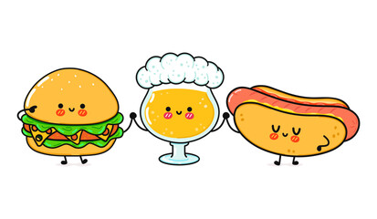 Cute, funny happy glass of beer, hot dog and hamburger . Vector hand drawn cartoon kawaii characters, illustration icon. Funny cartoon glass of beer hot dog and hamburger mascot friends concept