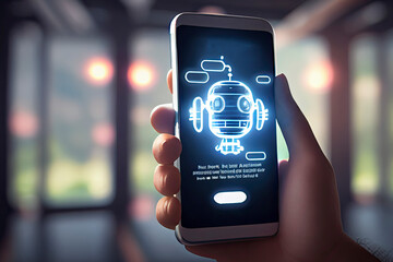 Artificial intelligence ai chat bot idea hands holding a phone against a blurred abstract background chatbot providing website support