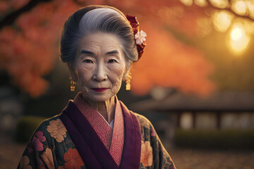 An old japanese woman dressed in the traditional geisha style wearing a kimono with a floral pattern. generative ai. Geisha - obrazy, fototapety, plakaty