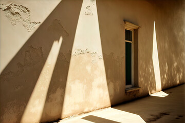 Bright room with a plastered wall, a shadow on the wall, a sunny day. AI