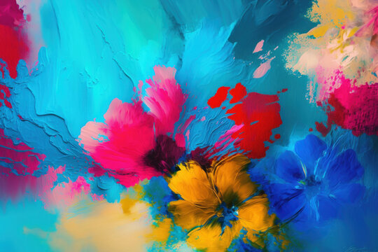 Oil painting texture in a contemporary abstract style using the colors blue, pink, yellow, and red. Nature wallpaper with spring and summer flowers. flower design illustration artwork for background d