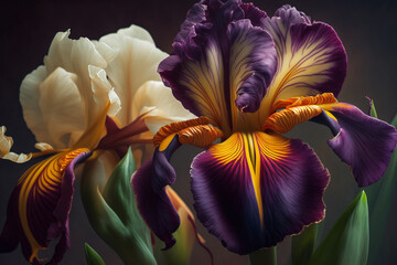Illustration Of The Beautiful White And Purple Irises Flower (Generative AI)
