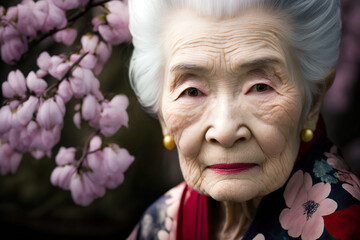 Obraz premium An old japanese woman dressed in the traditional geisha style wearing a kimono with a floral pattern. generative ai. Geisha