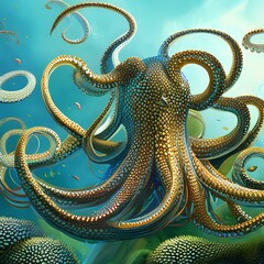 Fototapeta premium A bizarre octopus with tentacles made of jellyfish1, Generative AI