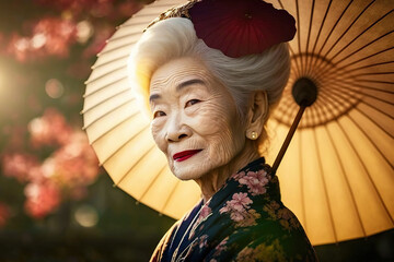 An old japanese woman dressed in the traditional geisha style wearing a kimono with a floral pattern. generative ai. Geisha - obrazy, fototapety, plakaty