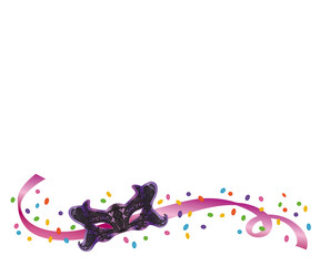 carnival purple and black mask art, colorful confetti and serpentine, white background