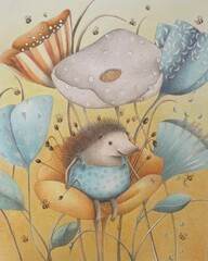 Hedgehog sitting in a field of flowers